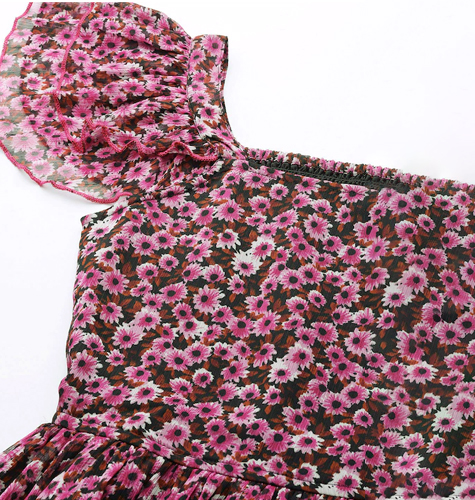 Women Pink & Black Floral Printed Fit and Flare Tiered Dress With Smocked Detail